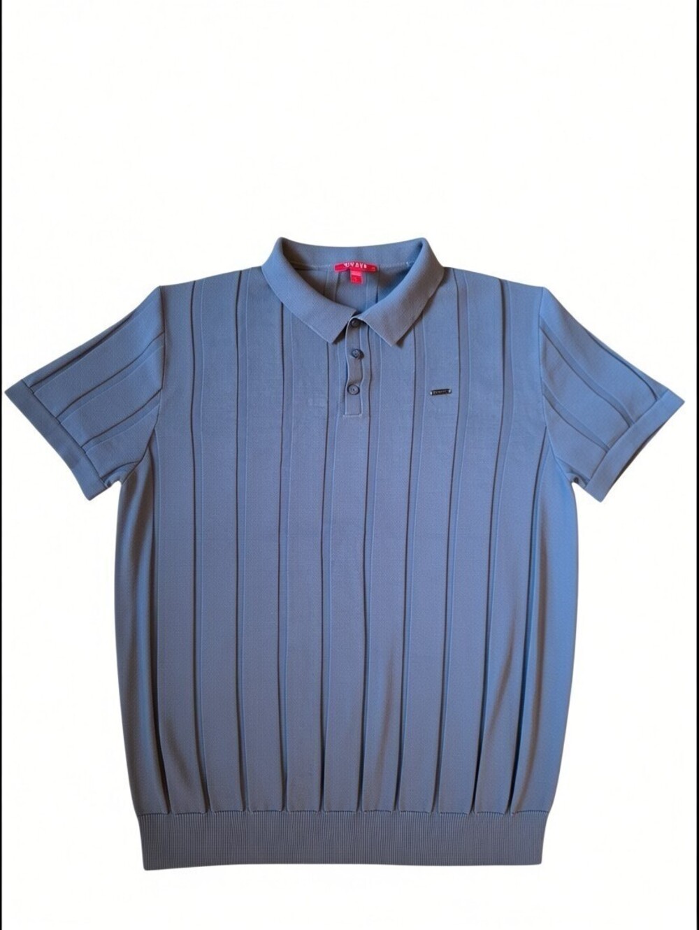 GUESS Mens Knit Polo Sweater Slate Blue Vertical Stripe Ribbed Short Sleeve
